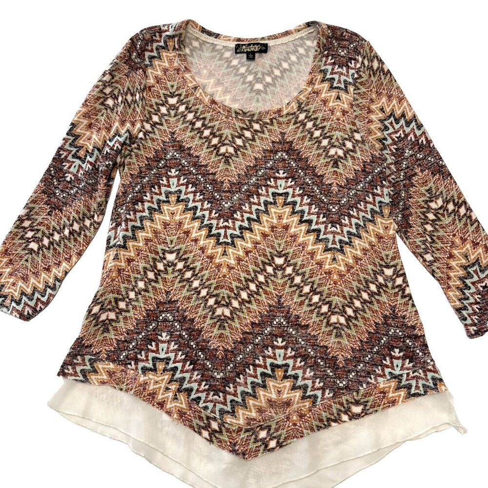 Absolutely Famous Southwest Pattern Boho Lace Hem 3/4 Sleeves Blouse Sz Large